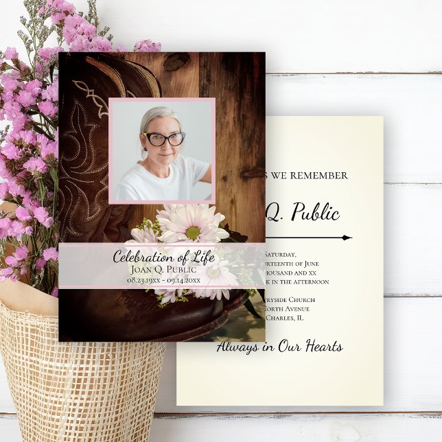 Pink Daisies and Cowboy Boots Celebration of Life Invitation (Creator Uploaded)