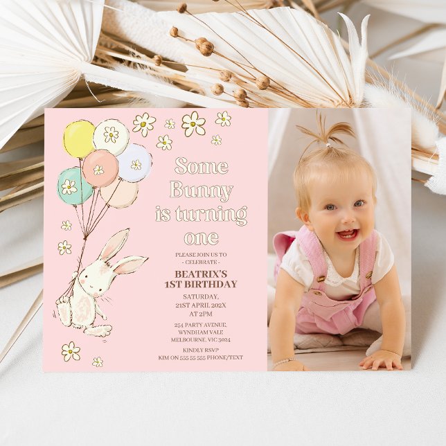 Pink Daisies Balloons Some Bunny 1st Birthday Invitation (Modern some bunny is turning one 1st birthday invitation with daisies and balloons.)