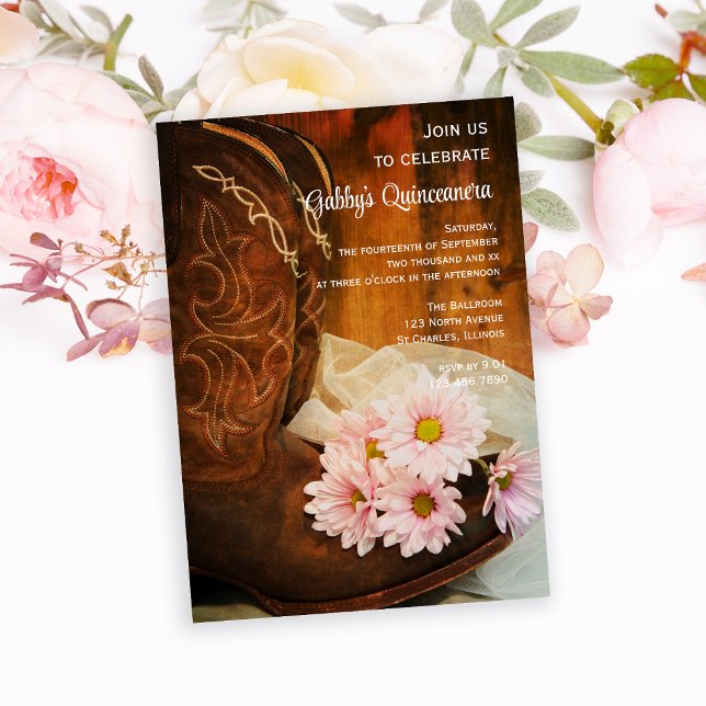 Pink Daisies Cowboy Boots Quinceanera Barn Party Invitation (Creator Uploaded)