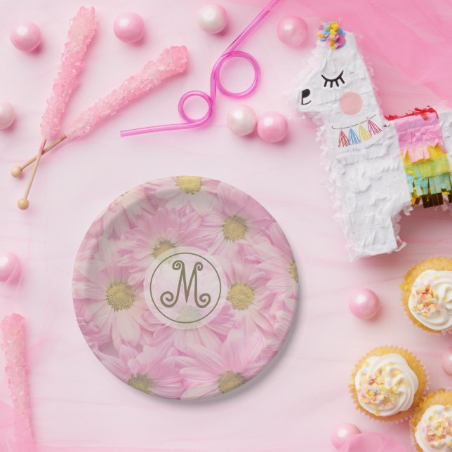 Pink Daisies Custom Gold Monogram Paper Plate (Party)