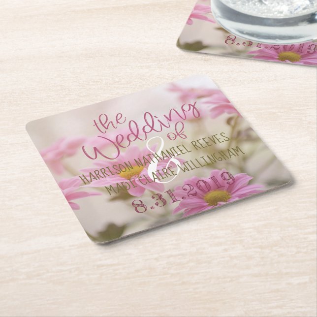 Pink Daisies Paper Coaster Set Romantic Flowers (Angled)