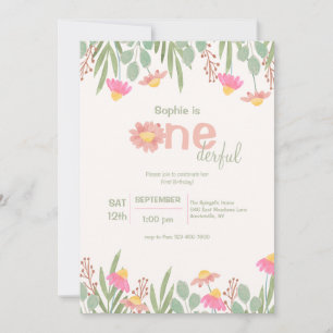Pink Daisies Watercolor First Birthday Invitation