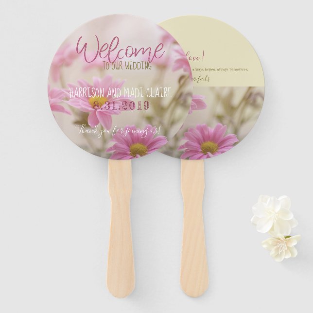 Pink Daisies Wedding Fans Romantic Flowers (Front and Back)