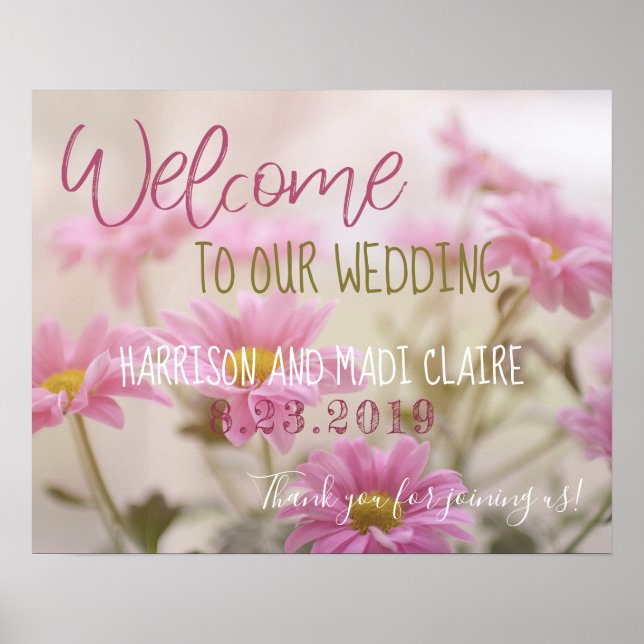 Pink Daisies Welcome to our Wedding Sign 20"x16" (Front)
