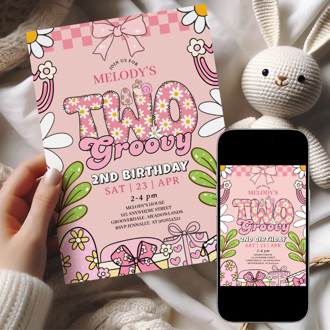 Pink Daisy 2nd Birthday Retro Birthday Invitation (Creator Uploaded)