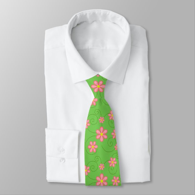 Pink Daisy and Bug Trail Pattern On Bright Green Tie (Tied)