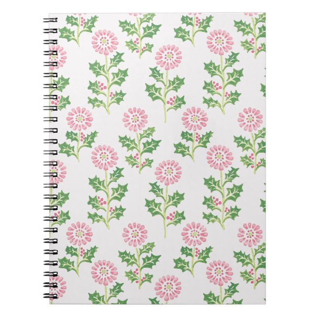 Pink Daisy and Holly Notebook White Botanical Chri (Front)