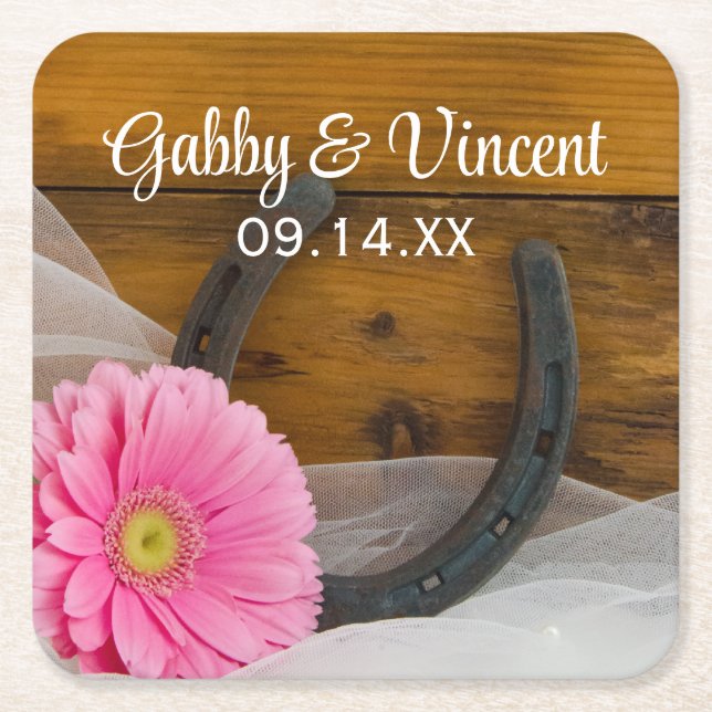 Pink Daisy and Horseshoe Country Western Wedding Square Paper Coaster (Front)