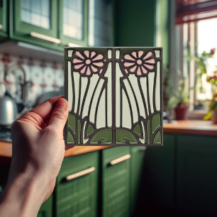 Pink Daisy Art Deco Floral Wall Decor Art Nouveau Tile