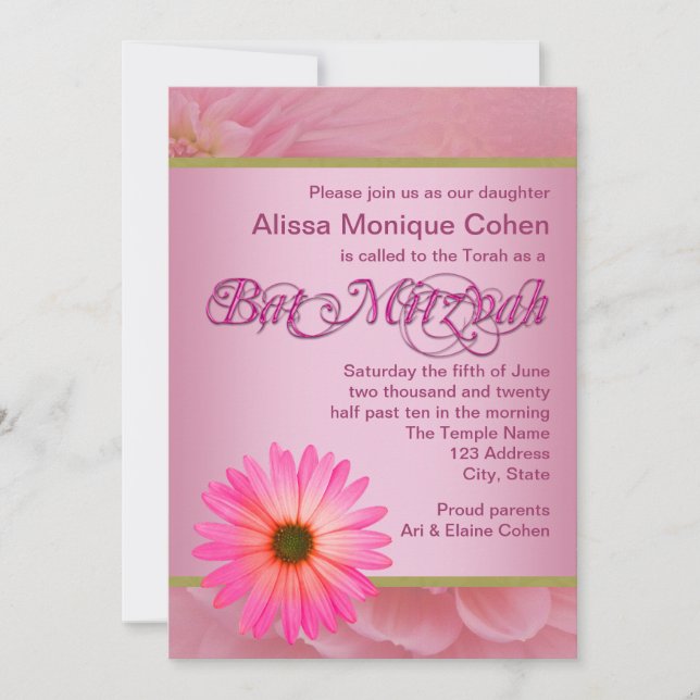 Pink Daisy Bat Mitzvah Invitations (Front)