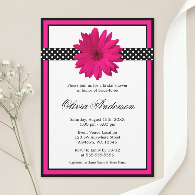 Pink Daisy Black Polka Dots Bridal Shower Invitation (Creator Uploaded)