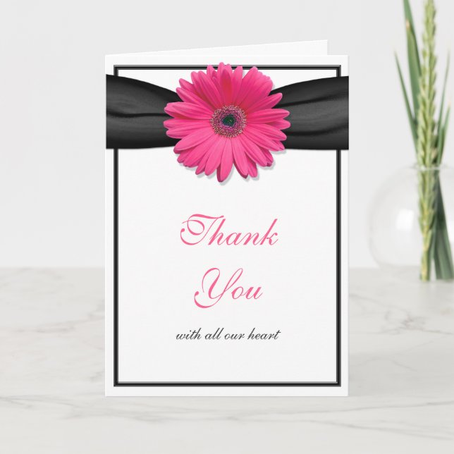 Pink Daisy Black Ribbon Wedding Thank You (Front)