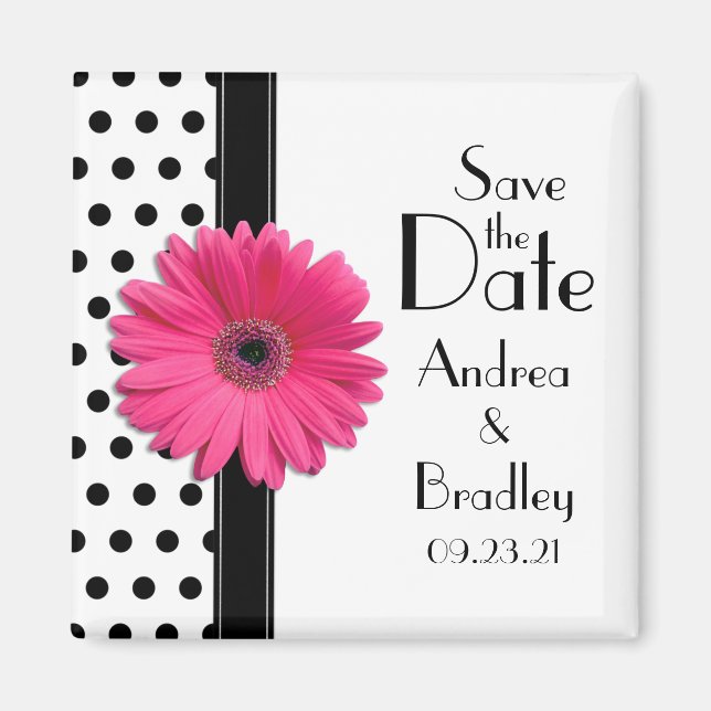 Pink Daisy Black White Polka Dot Save the Date Magnet (Front)