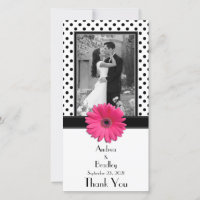 Pink Daisy Black White Polka Dot Wedding Photocard
