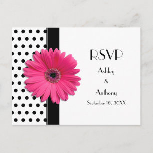 Pink Daisy Black White Polka Dot Wedding RSVP Invitation Postcard