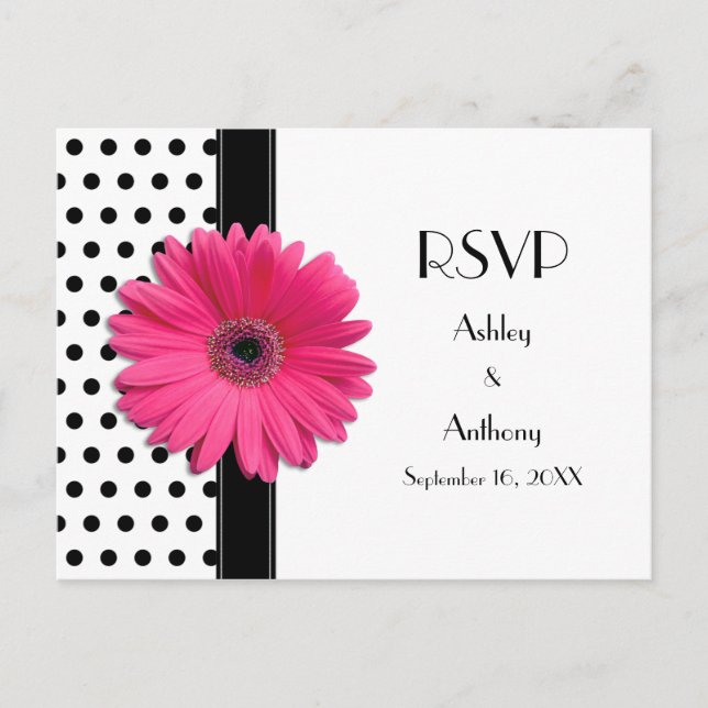 Pink Daisy Black White Polka Dot Wedding RSVP Invitation Postcard (Front)