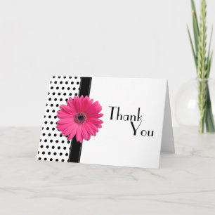 Pink Daisy Black White Polka Dot Wedding Thank You Card