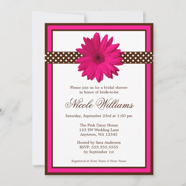 Pink Daisy Brown Polka Dots Bridal Shower Invitation (Front)