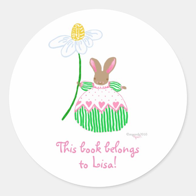 Pink Daisy Bunny bookplate Classic Round Sticker (Front)