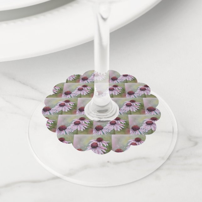 Pink Daisy Echinacea Flowers Wine Glass Tag (Close Up)