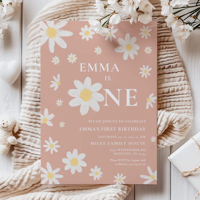 Pink Daisy First 1st Birthday invitation One (Creator Uploaded)