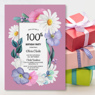 Pink Daisy Floral 100th Birthday Party Invitation