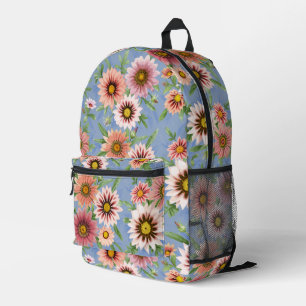Pink Daisy Floral Botanical Art on Blue Printed Backpack
