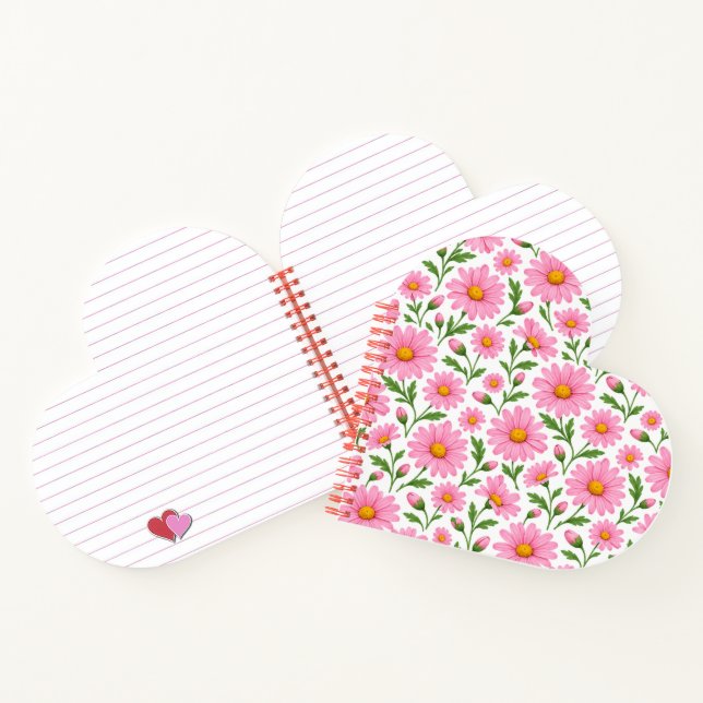 Pink Daisy Floral Botanical Heart Shaped Notebook (Inside)