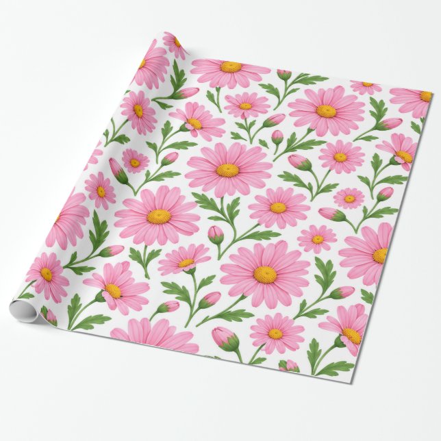 Pink Daisy Floral Botanical Pattern Wrapping Paper (Unrolled)