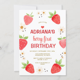 Pink Daisy Floral Gingham Berry First Birthday Invitation