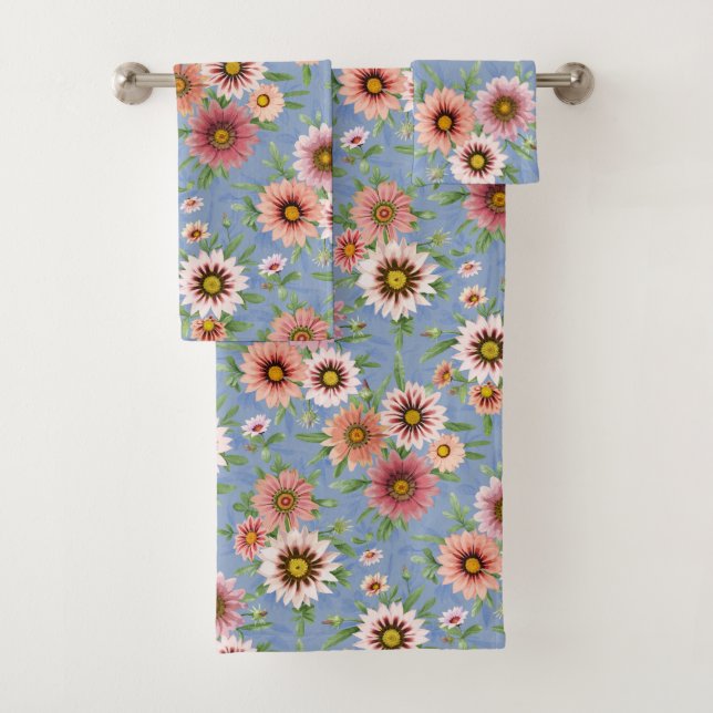 Pink Daisy Floral on Blue Bath Towel Set (Insitu)