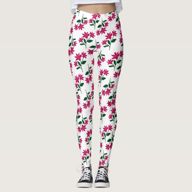 Pink daisy floral pattern on white background leggings (Front)