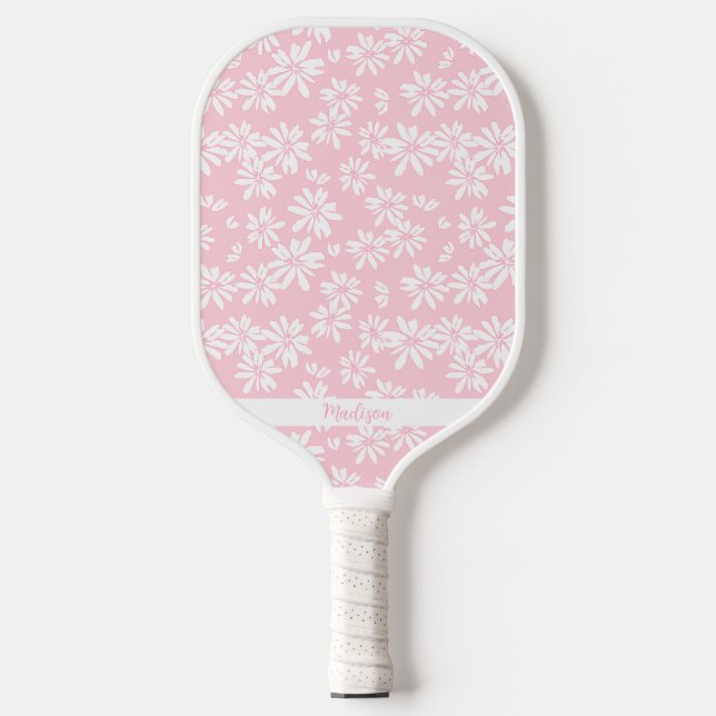 Pink Daisy Floral Pattern Personalised Name Cute Pickleball Paddle (Front)