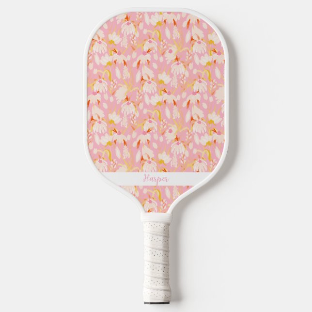 Pink Daisy Floral Pattern Personalized Name Cute Pickleball Paddle (Front)