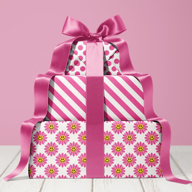 Pink Daisy Floral Stripes Polka Dot  Wrapping Paper Sheet (Creator Uploaded)
