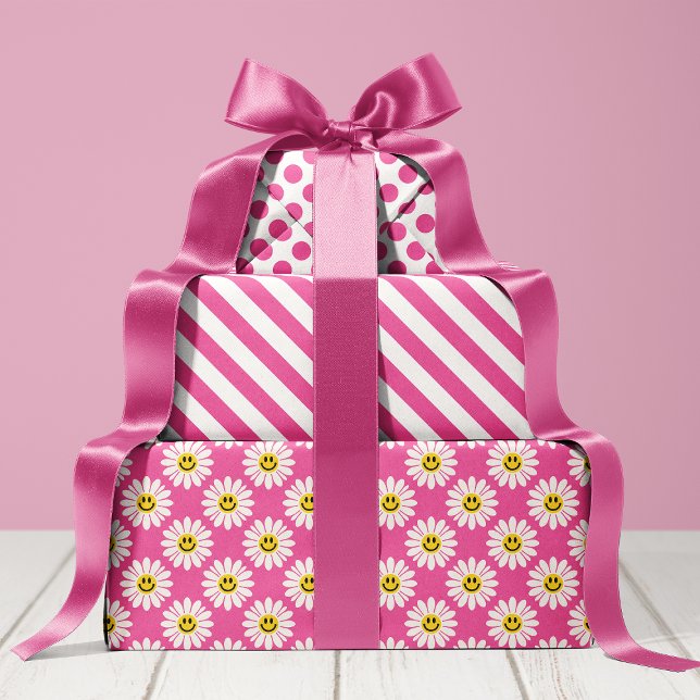 Pink Daisy Floral Stripes Polka Dot Wrapping Paper Sheet (Creator Uploaded)