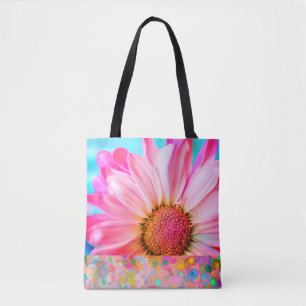 Pink daisy flower and polka dot tote bag