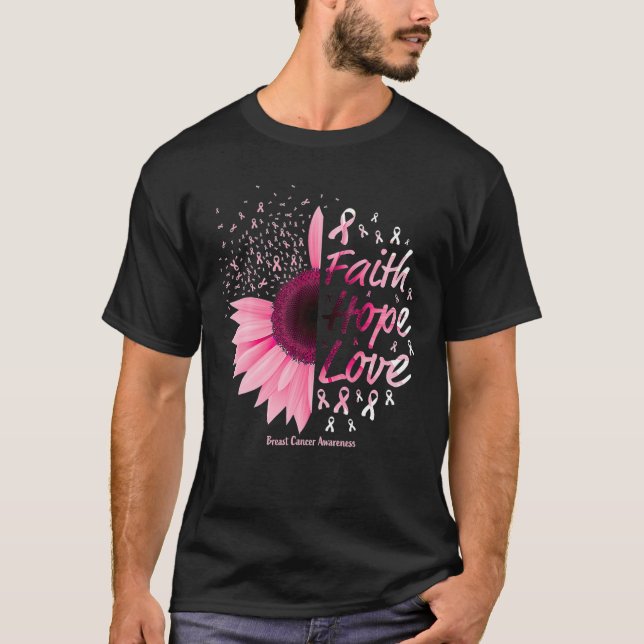 Pink Daisy Flower Faith Hope Love Breast Cancer Aw T-Shirt (Front)