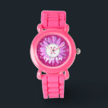 Pink Daisy Flower Girl Glitter Personalised Watch<br><div class="desc">Girly pink daisy personalised watch for flower girls- Faux hot pink glitter background with pink gerbera daisy centred framing personalised monogrammed initial in pink. Reads 'Flower Girl' underneath in retro letters. Letter colours and styles may be changed. White clock face numerals. Cute personalised wedding party gift for little flower girls....</div>