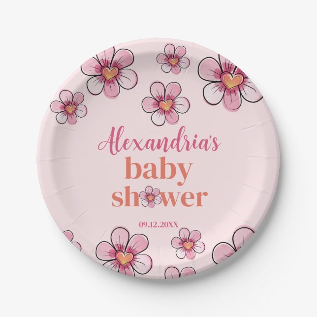 Pink Daisy Flower Girls Baby Shower  Paper Plate (Front)