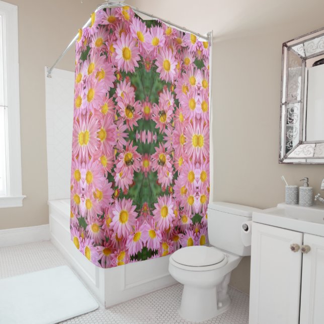 Pink Daisy Flowers And Bumble Bee Pattern   Shower Curtain (In Situ)
