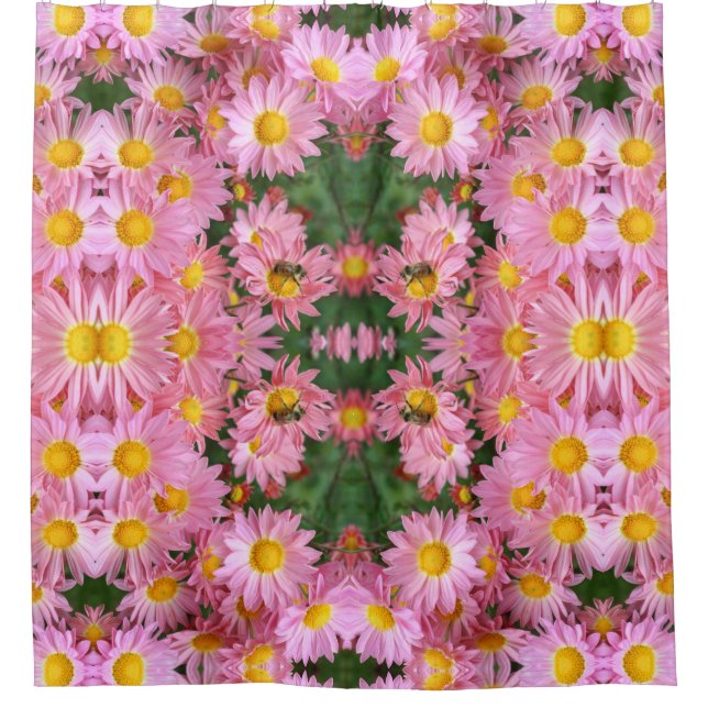 Pink Daisy Flowers And Bumble Bee Pattern   Shower Curtain (Front)