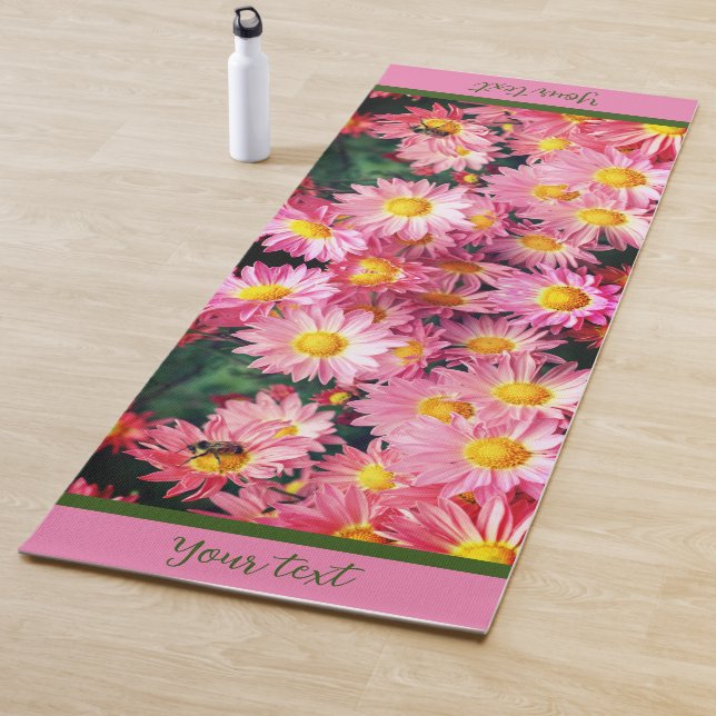 Pink Daisy Flowers And Bumble Bee Personalised Yoga Mat (In Situ)