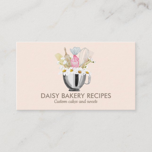 Pink Daisy Flowers Bakery Tools Design Business Card (Front)
