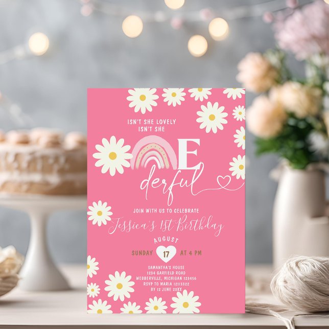 Pink Daisy Flowers Isn't She Onederful Birthday Invitation (Creator Uploaded)