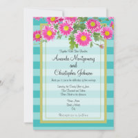 Pink Daisy Flowers on Turquoise Stripes Wedding