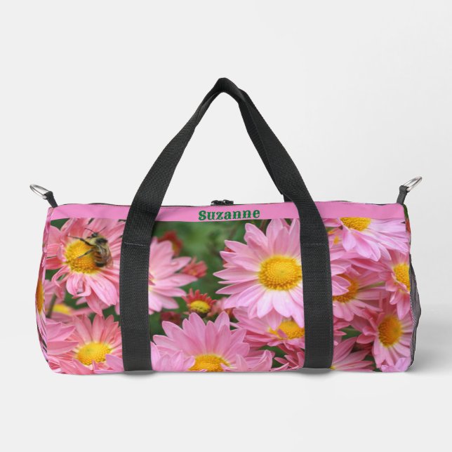 Pink Daisy Flowers Personalised Duffle Bag (Front)
