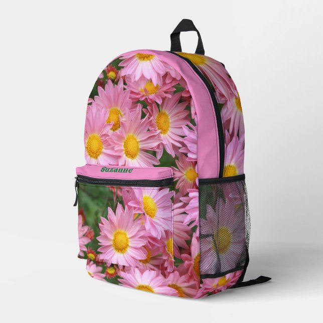 Pink Daisy Flowers Personalised Printed Backpack (Back Corner Right)