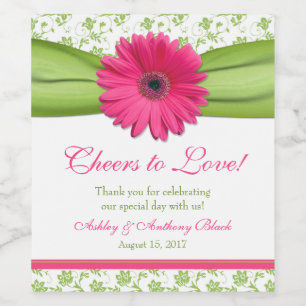 Pink Daisy Green Floral Cheers to Love Wine Label