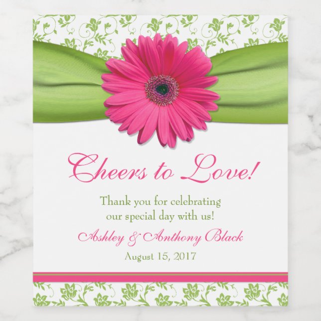 Pink Daisy Green Floral Cheers to Love Wine Label (Single Label)